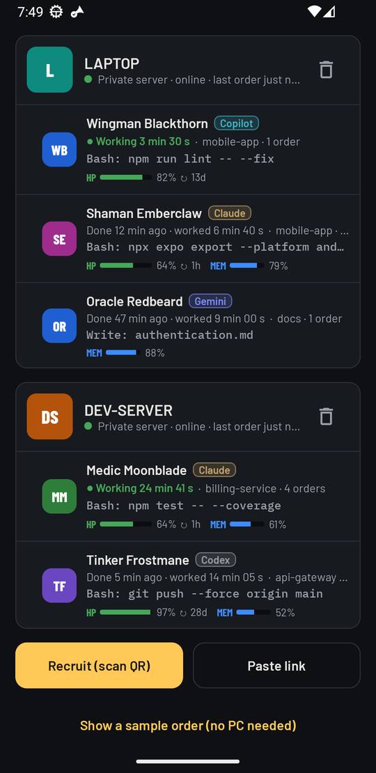 Barracks: two computers with AI agents, work timers and HP bars