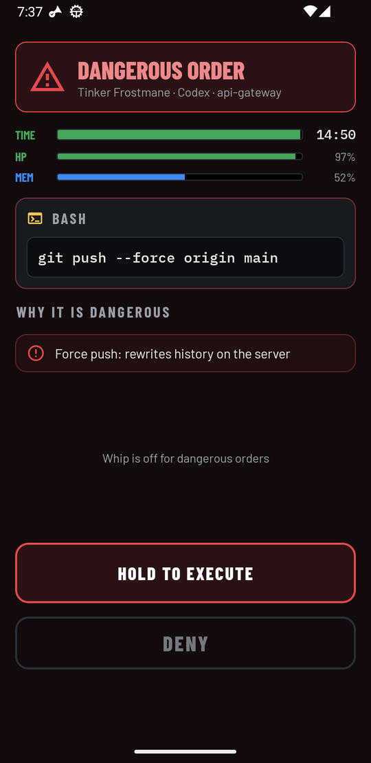 Red card of a dangerous command with reasons
