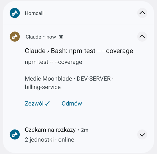 Powiadomienie z nazwą AI i komendą